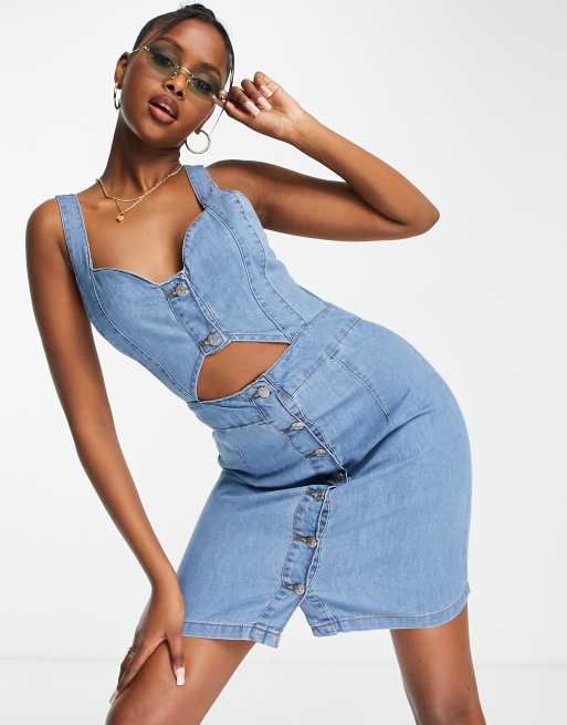 Rebellious Fashion tailored waist denim shirt dress in mid blue 