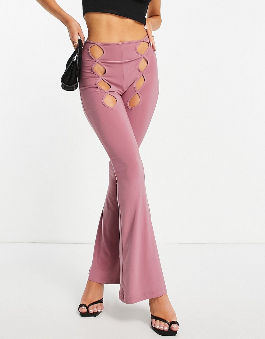 Rebellious Fashion Cut Out Detail Flare Trouser Co-Ord In Dusty Pink