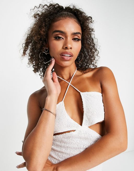 Rhea Sequin Keyhole Cut Out Halter Neck Crop Top in White