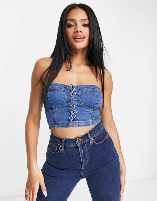 Rebellious Fashion Denim corset lace up bandeau top in blue