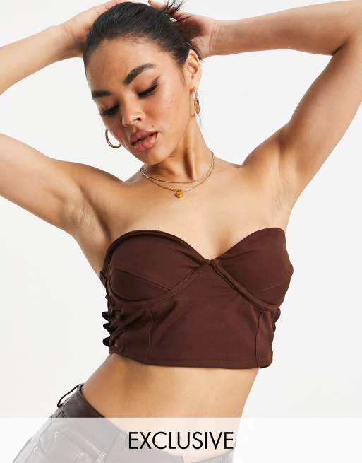 Chocolate Pu Bandeau Corset, Two Piece Sets