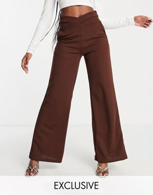 Rebellious Fashion exclusive wide leg trousers co ord in chocolate