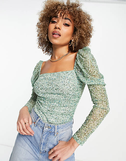 Rebellious Fashion floral puff sleeve bodysuit in sage