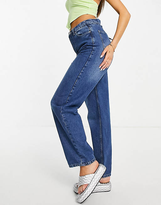 Rebellious Fashion high waist jeans with lace up back in vintage blue