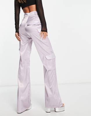 Rebellious Fashion high waist satin cargo trousers in lilac