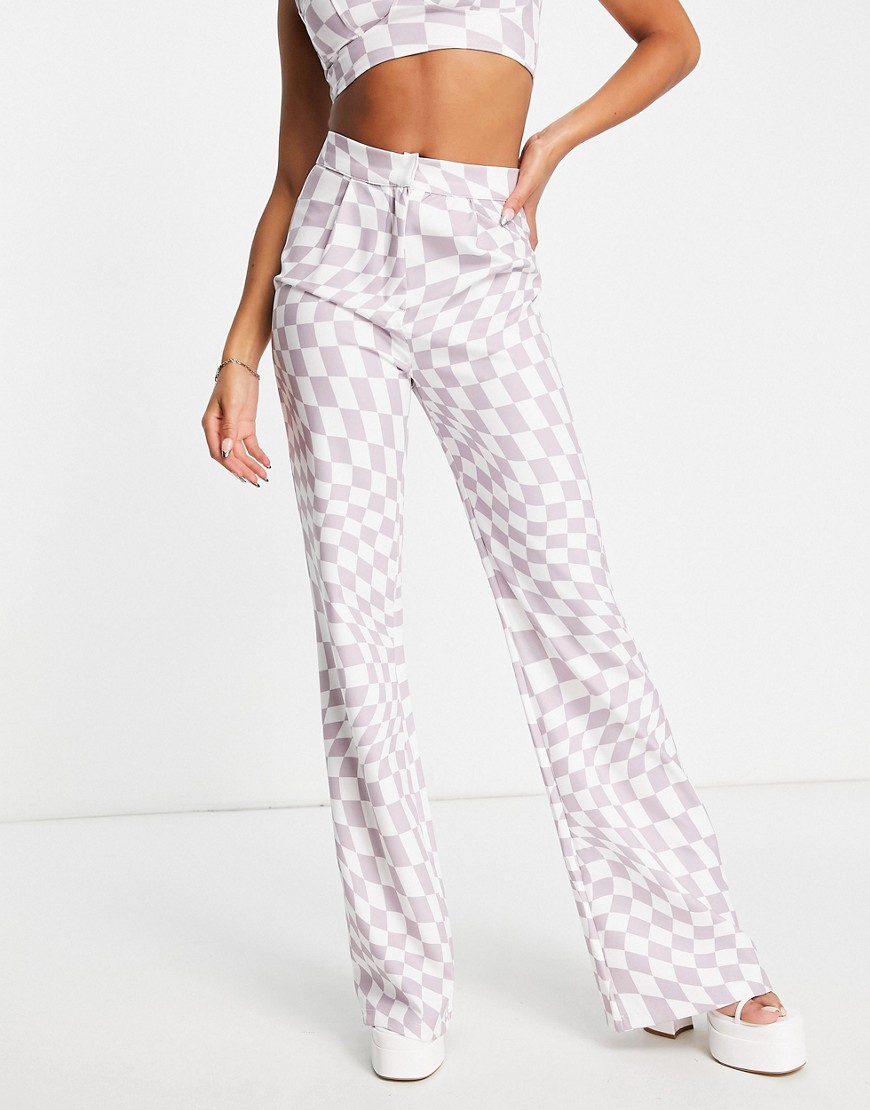 Rebellious Fashion high waist trousers co-ord in lilac check-Purple