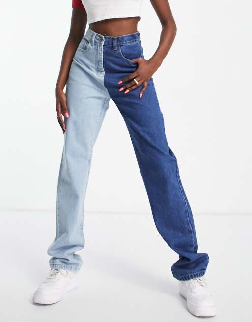 Rebellious Fashion - Jean droit bicolore en deux parties - Bleu 