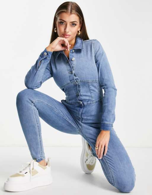 Rebellious Fashion – Jumpsuit aus Denim in Hellblau mit Bund in Korsett-Optik