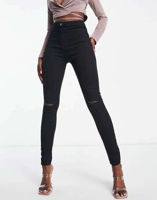 Rebellious Fashion knee rip stretch denim jeggings in black