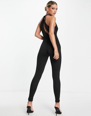 Rebellious Fashion Drop Shoulder Fitted Jumpsuit In Black