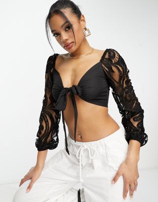 Rebellious Fashion lace puff sleeve tie front crop top in black