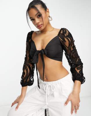 Women Black Lace Puff Sleeve Crop Top