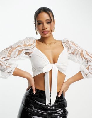 Økologi formel lige Rebellious Fashion lace puff sleeve tie front crop top in white | ASOS