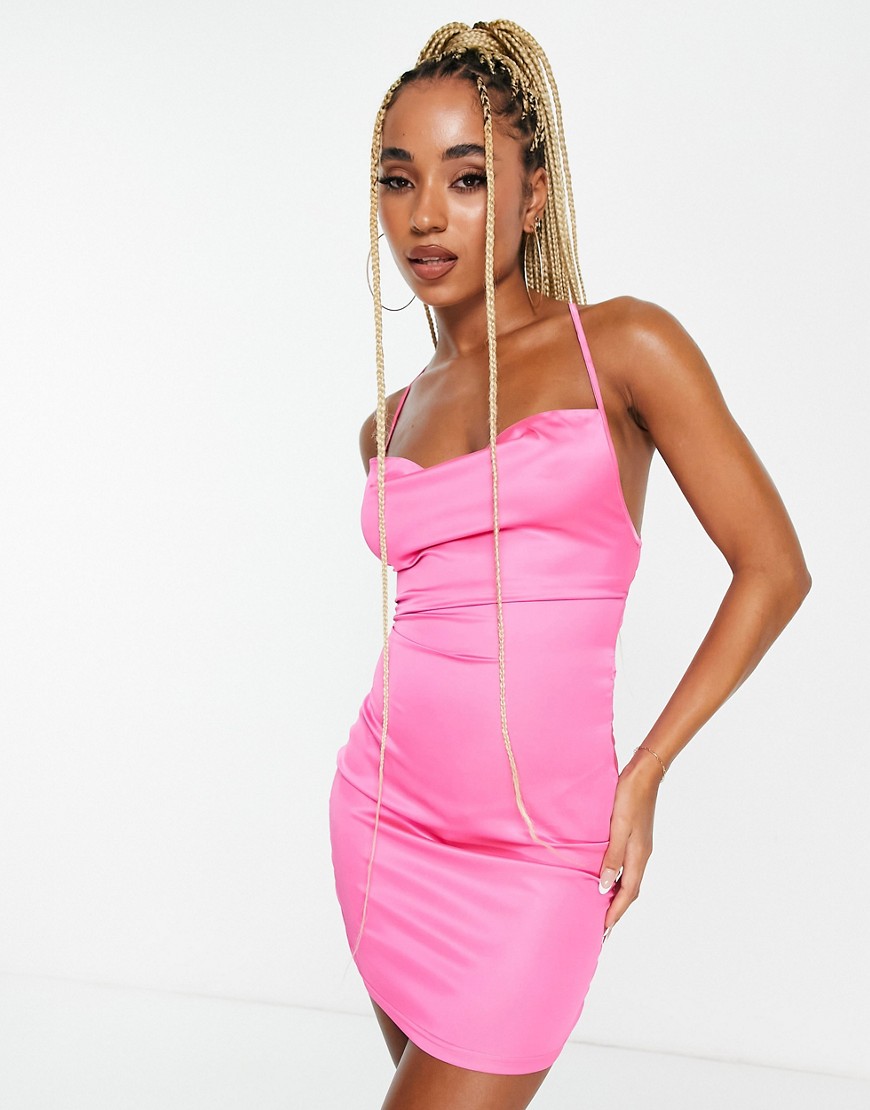 rebellious fashion lace up back satin dress in pink