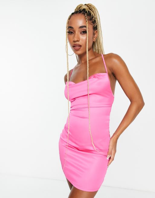 Rebellious Fashion lace up back satin dress in pink
