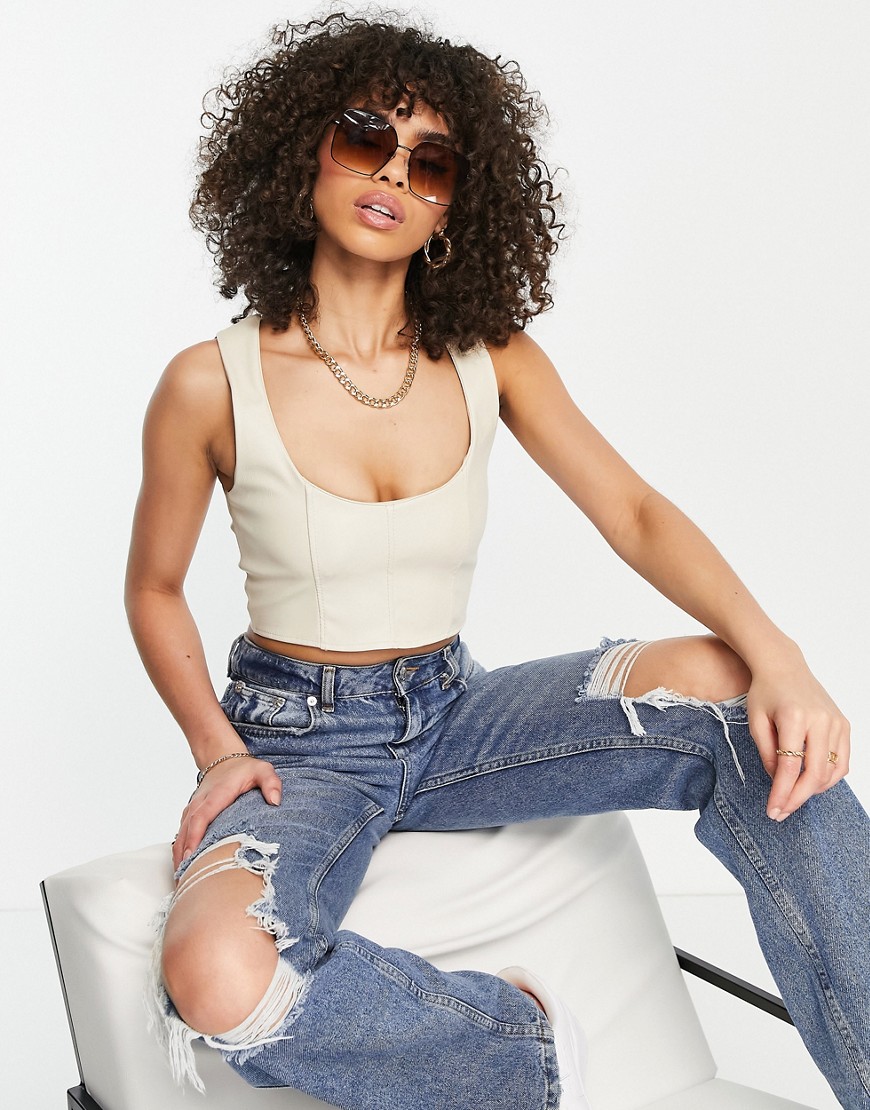 rebellious fashion leather look crop top co-ord in ecru-neutral