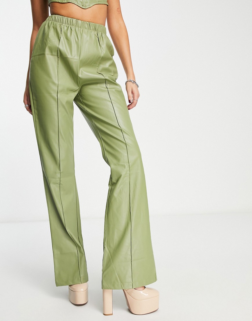 Rebellious Fashion leather look flared pants in khaki - part of a set-Green
