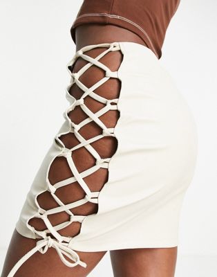 Rebellious Fashion leather look mini skirt with tie detail co-ord in ecru - ASOS Price Checker