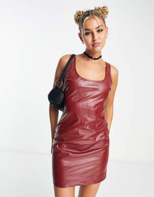 leather look ruched mini dress in purple-Red