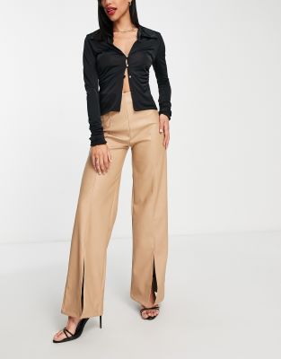 Rebellious Fashion Leather Look Wide Leg Pants In Stone-neutral | ModeSens