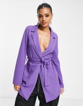 Miss Selfridge boucle blazer dress with fluted sleeve in purple | ASOS