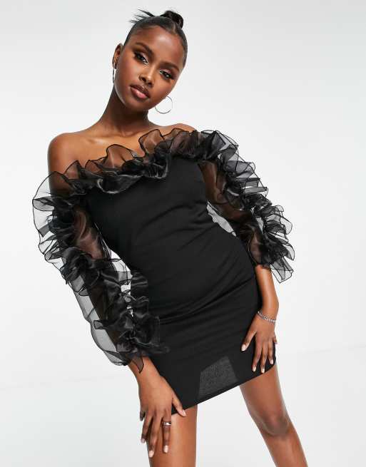 Basic black bardot frill detail bodycon dress hotsell