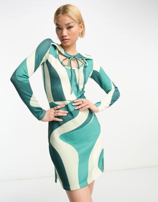 Rebellious Fashion Rebellious Fashion mini dress with tie neck detail in green swirl print-Multi