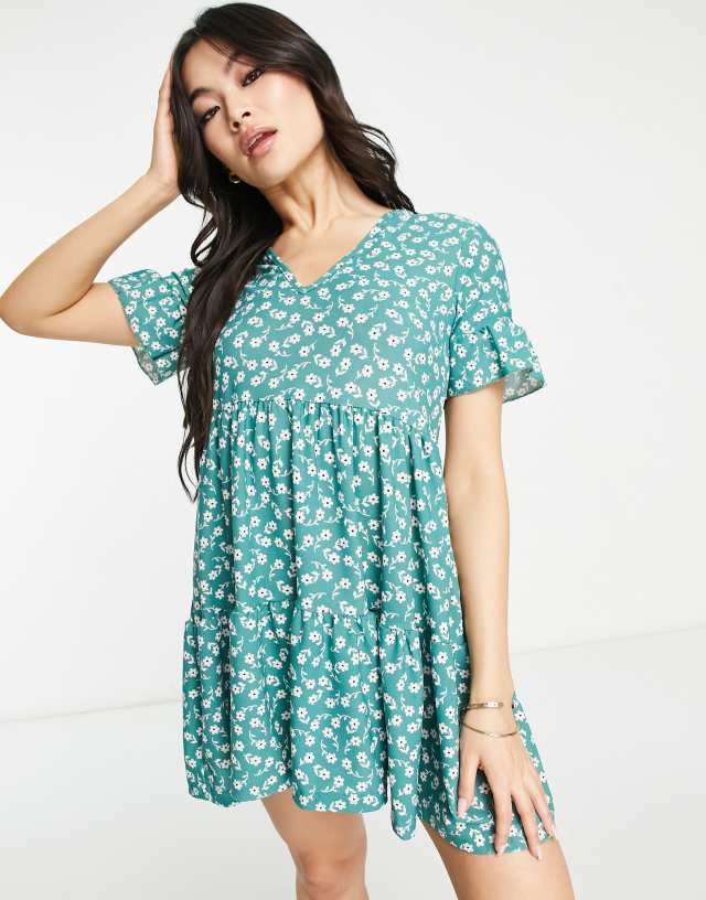 Rebellious Fashion mini smock dress in green floral print