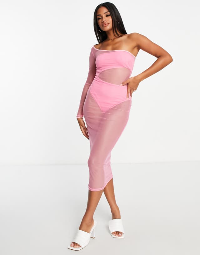 Rebellious Fashion one shoulder body-conscious mesh dress in pink