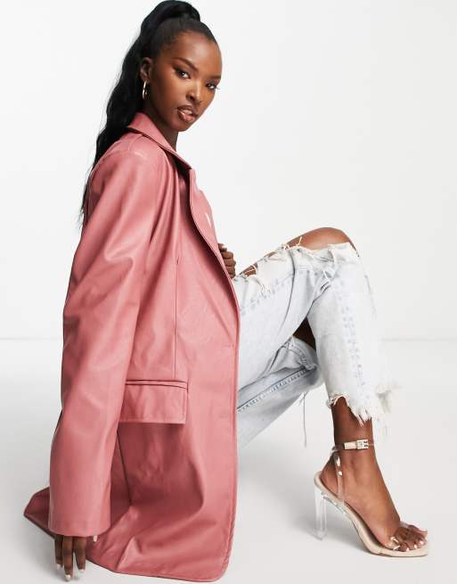 Rebellious Fashion oversized leather look blazer in pink (part of a set)