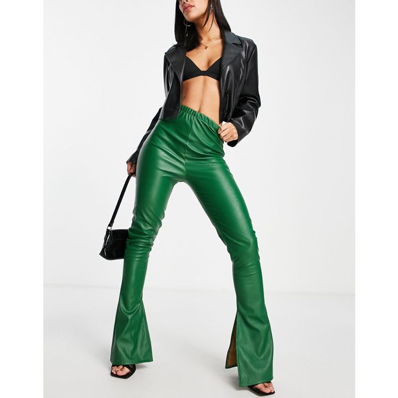 Donna Pantaloni a zampa Rebellious Fashion - Pantaloni in ecopelle PU verdi con spacco laterale in coordinato