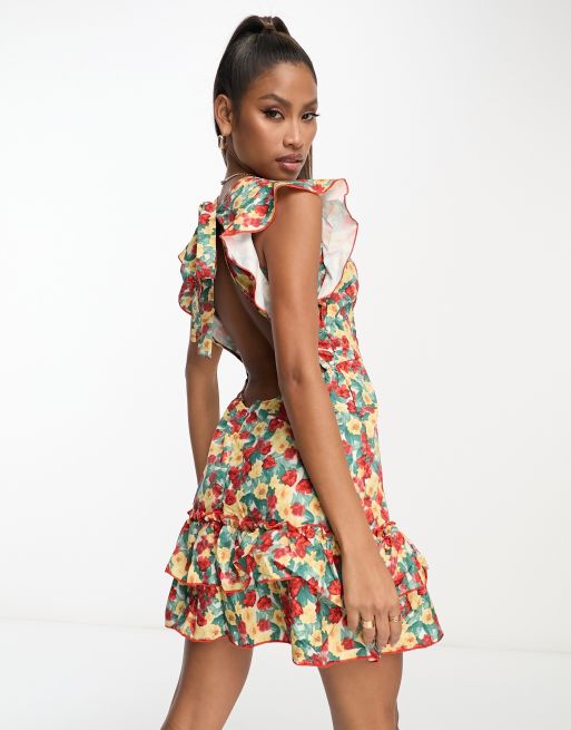 Rebellious Fashion plunge front mini dress with open back in multi floral