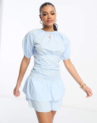 Rebellious Fashion Rebellious Fashion poplin mini dress with frill detail in blue