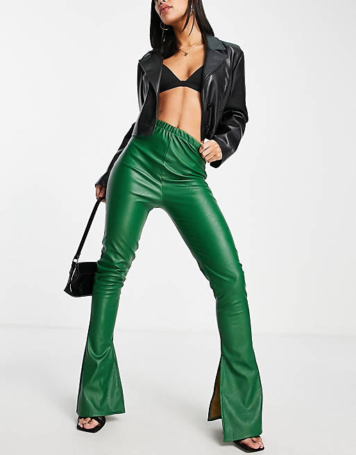 Rebellious Fashion PU pants with split side in green (part of a set)