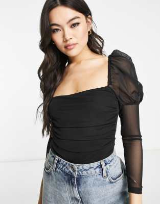 Rebellious Fashion puff sleeve bodysuit in black