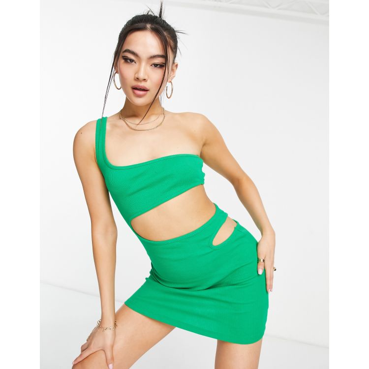 Rebellious Fashion ribbed one shoulder dress with cut outs in green