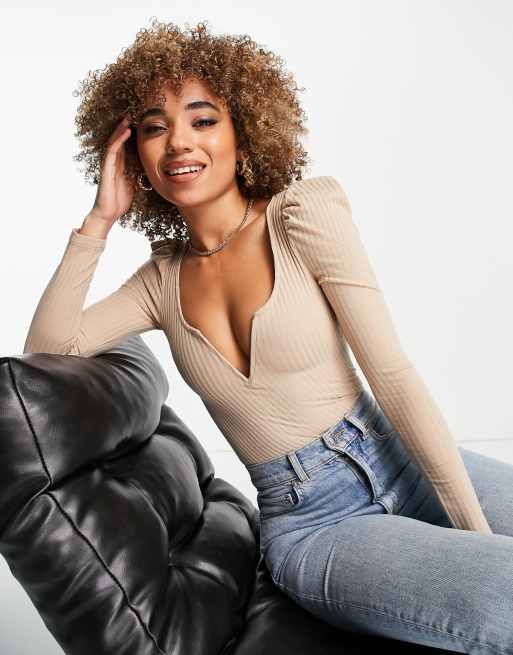 Rebellious Fashion ribbed plunge puff sleeve bodysuit in beige 