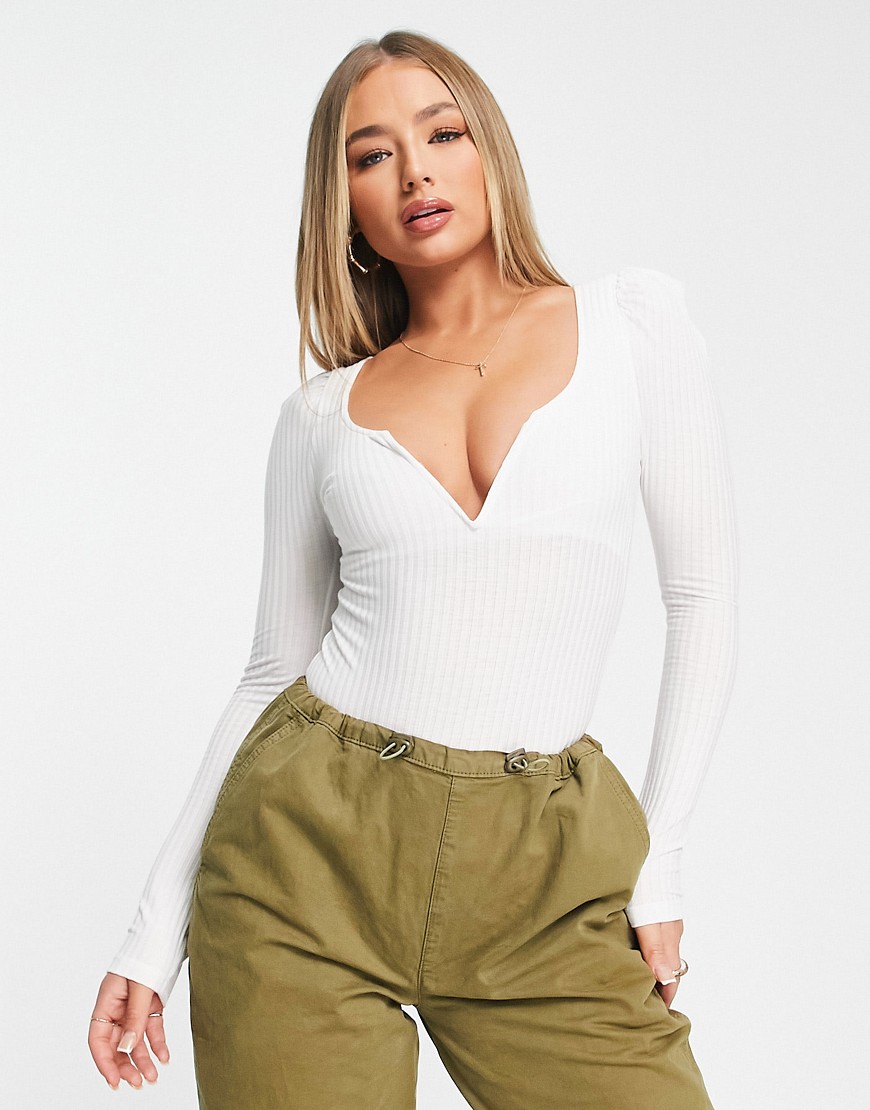 Rebellious Fashion ribbed plunge puff sleeve bodysuit in white