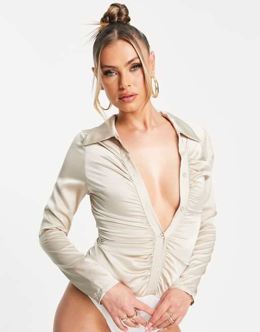 Rebellious Fashion satin collared button through bodysuit in champagne, 4 of 4