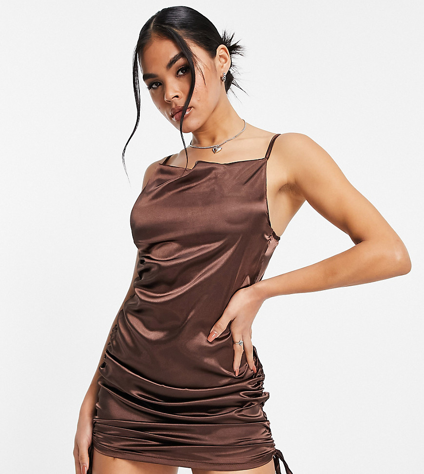 Rebellious Fashion satin cowl front ruched side mini dress in chocolate-Brown