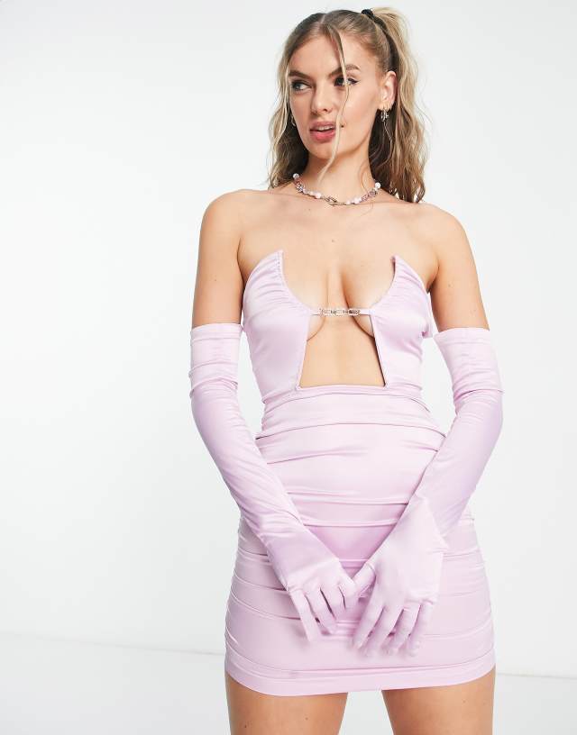 Rebellious Fashion satin mini dress with gloves in lilac