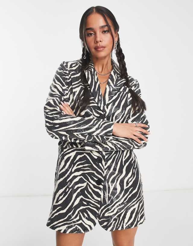 Rebellious Fashion sequin blazer dress in zebra print