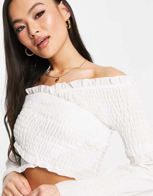 Rebellious Fashion shirred wrap over Bardot crop top in white