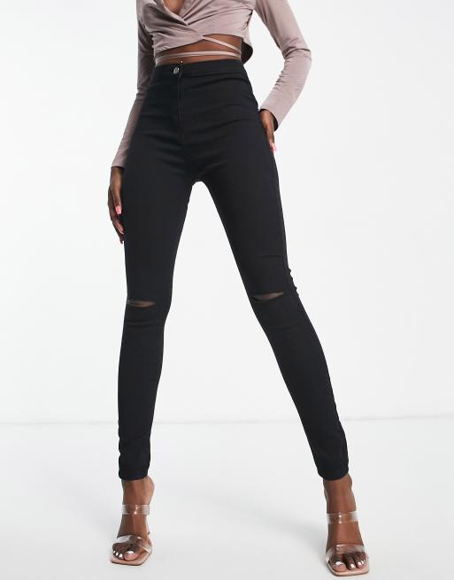 Rebellious Fashion - Sorte jeggings med flænger på knæene i stretch-denim 