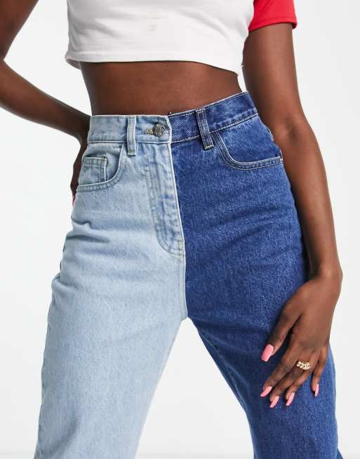Rebellious Fashion splice two tone straight jeans in blue | ASOS