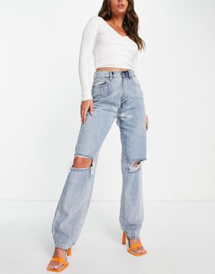 Rebellious Fashion straight leg ripped jeans in blue