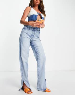 Rebellious Fashion Rebellious Fashion straight leg side split jeans in blue