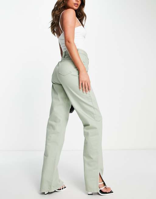 Rebellious Fashion straight leg side split jeans in sage green