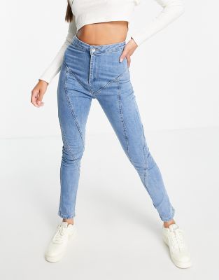 Rebellious Fashion Stretch Jeans With Contour Seam In Mid Blue