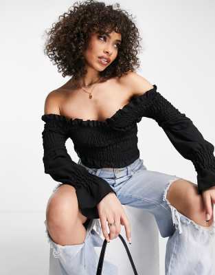 rebellious fashion - svart, smockad crop top med singoallaringning och omlottdesign-svart/a